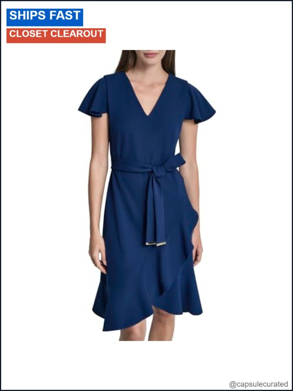V-Neck Belted Mini Dress Short Sleeve Flutter